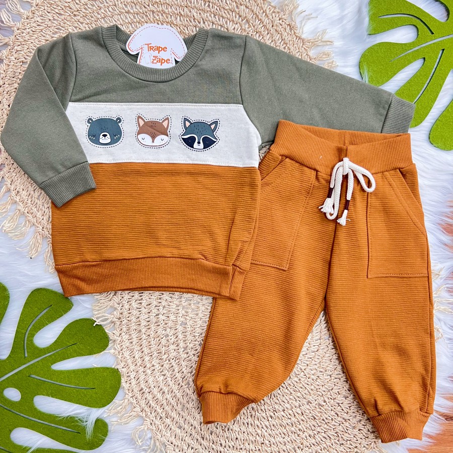 Conj. Casaco Bichinhos da Floresta e Calça de Moletom - Verde e Ferrugem